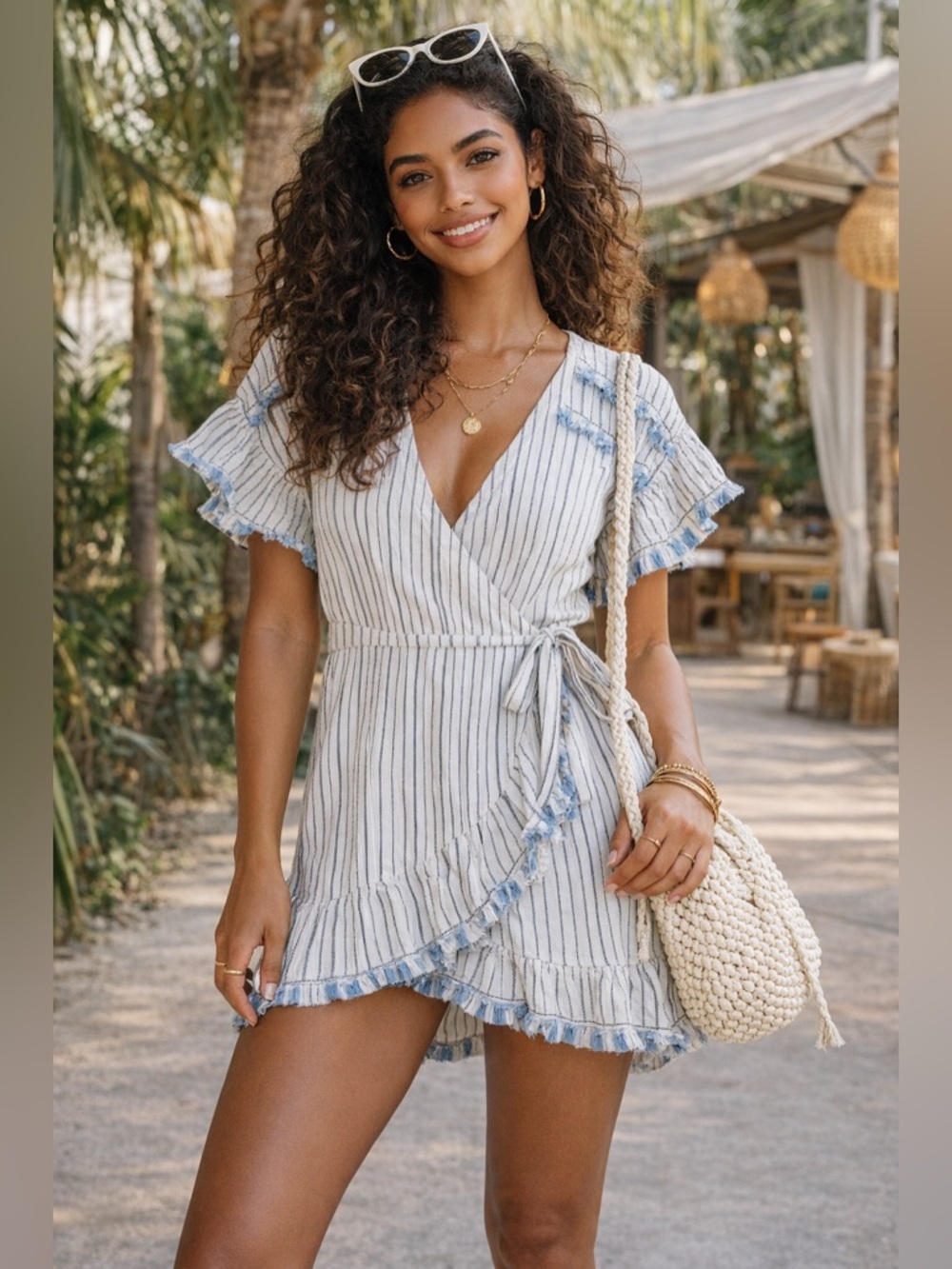 Suboo | Flutter Sleeve Wrap Dress Striped Fringe Cotton - Size 8